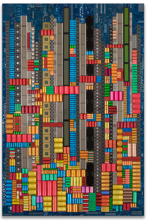 œuvre nommée "Red Lights" : sculpture murale Cybertrash de Rémy Tassou. Vue principale.