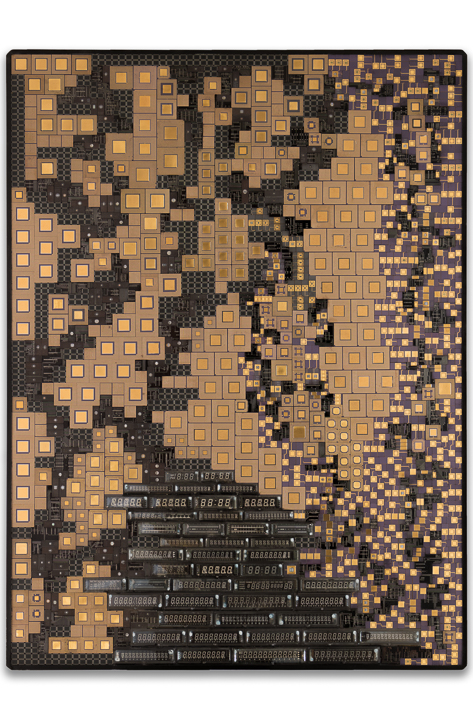 Œuvre nommée "Fairchild" : sculpture murale cybertrash de Rémy Tassou.