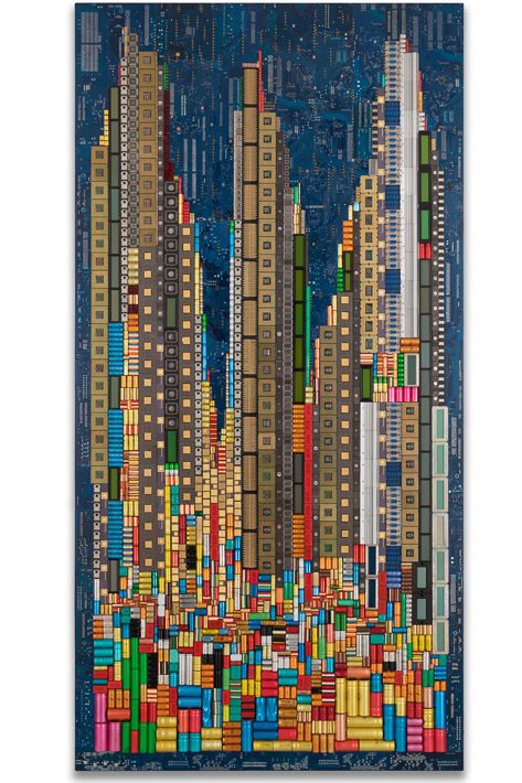 Œuvre nommée "Claude": sculpture murale cybertrash de Rémy Tassou. Vue principale