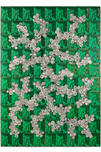 Œuvre nommée "Mozilla" : sculpture murale cybertrash de Rémy Tassou. (vue principale)