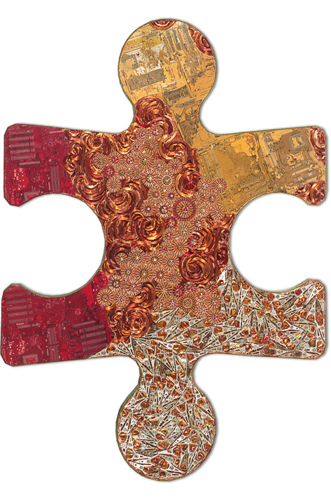 Œuvre nommée "Puzzle" : sculpture murale cybertrash du sculpteur Rémy Tassou. Vue principale.