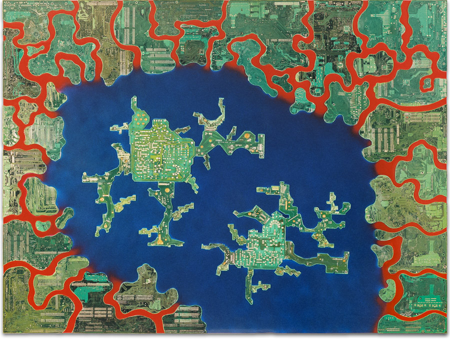 Œuvre nommée "Columbus": sculpture murale cybertrash de Rémy Tassou. (vue principale, vignette)