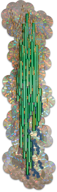 Œuvre nommée "Greentech": sculpture murale cybertrash du sculpteur Rémy Tassou.