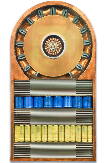 Œuvre nommée "TSF": sculpture murale cybertrash du sculpteur Rémy Tassou. Vue principale (vignette)