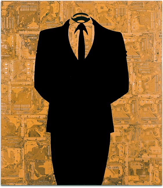 Œuvre nommée "Anonymous " : sculpture murale cybertrash de Rémy Tassou. Vue principale (lightbox)