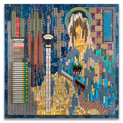 Œuvre nommée "Donbass": sculpture murale cybertrash du sculpteur Rémy Tassou. Vue principale. (vignette carrée double)