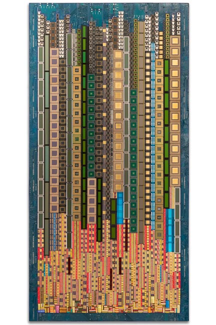 Œuvre nommée "Street view" : sculpture murale cybertrash du sculpteur Rémy Tassou. Vue principale (accueil double)